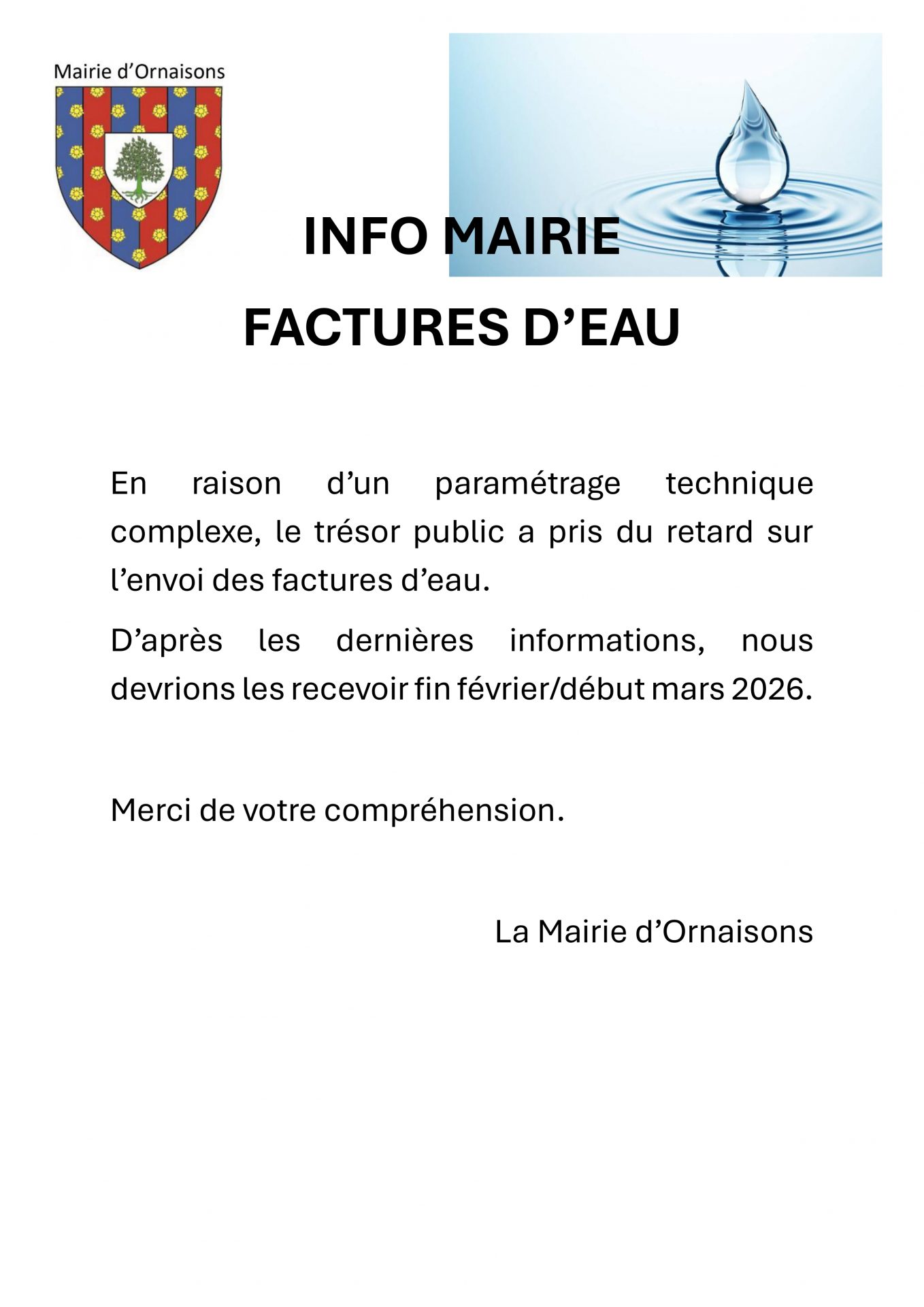 INFO MAIRIE – RETARD FACTURE EAU
