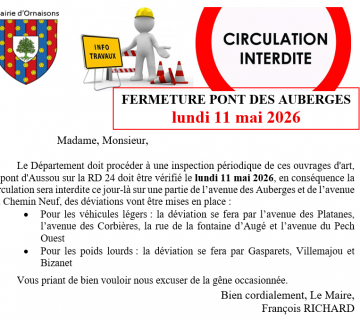 FERMETURE PONT DES AUBERGES LUNDI 11 MAI 2026 360x320